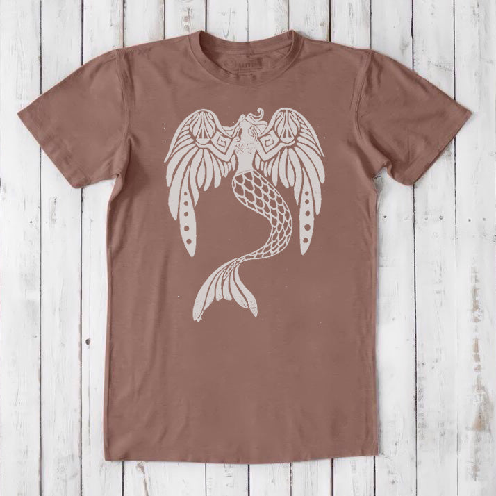 Light brown men's T-shirt made from bamboo and organic cotton with a white mermaid graphic, fantasy sea creature design for him.