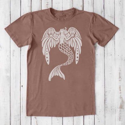 Light brown men's T-shirt made from bamboo and organic cotton with a white mermaid graphic, fantasy sea creature design for him.