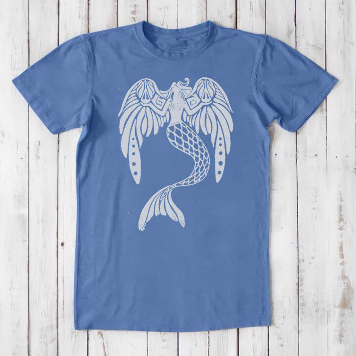 Ocean blue men's bamboo and organic cotton T-shirt with a white mermaid graphic, classic fit fantasy art tee for sea lovers.