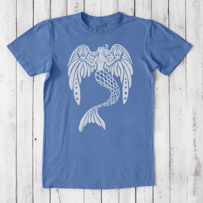 Ocean blue men's bamboo and organic cotton T-shirt with a white mermaid graphic, classic fit fantasy art tee for sea lovers.