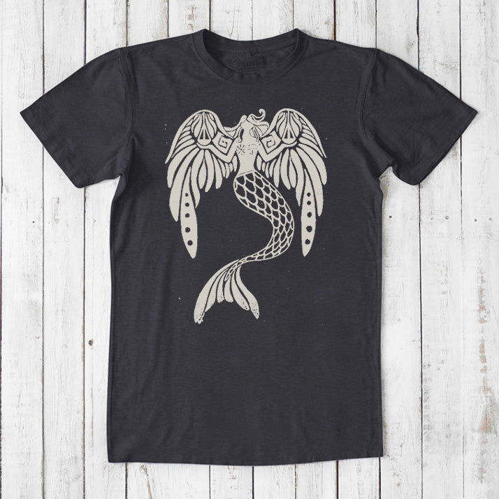 Dark gray men's mermaid T-shirt in bamboo and organic cotton with a beige sea creature graphic, sustainable fantasy gift tee.
