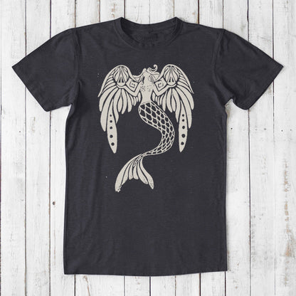 Dark gray men's mermaid T-shirt in bamboo and organic cotton with a beige sea creature graphic, sustainable fantasy gift tee.