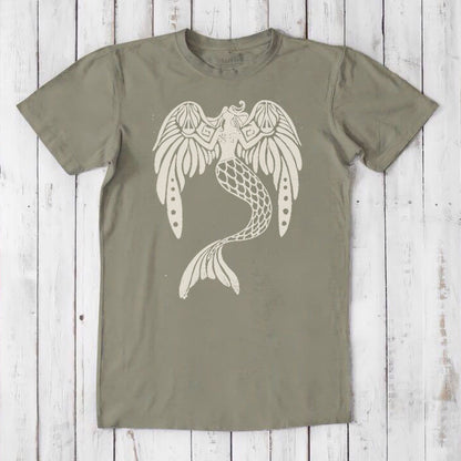 Khaki green men's bamboo and organic cotton T-shirt with a beige mermaid graphic, mythical sea creature fantasy tee for him.