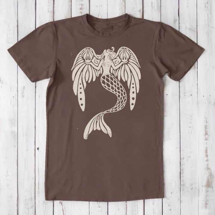 Dark brown men's mermaid T-shirt in bamboo and organic cotton with a beige fantasy sea creature design, eco-friendly gift idea.