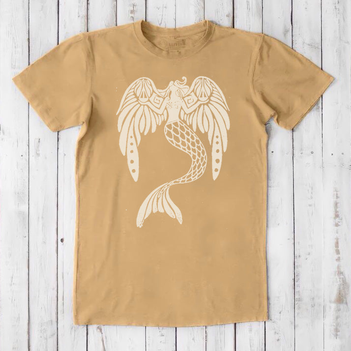 Mustard yellow men's bamboo and organic cotton T-shirt with a white mermaid graphic, classic fit mythical sea creature fantasy tee.