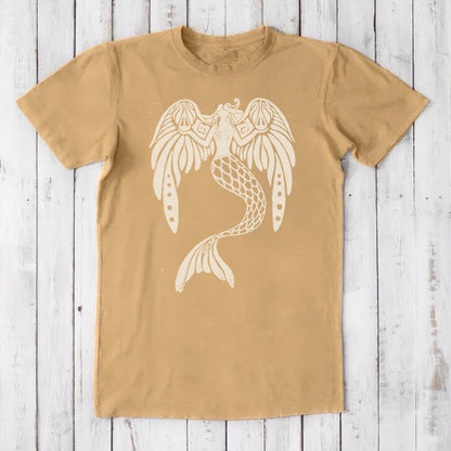 Mustard yellow men's bamboo and organic cotton T-shirt with a white mermaid graphic, classic fit mythical sea creature fantasy tee.