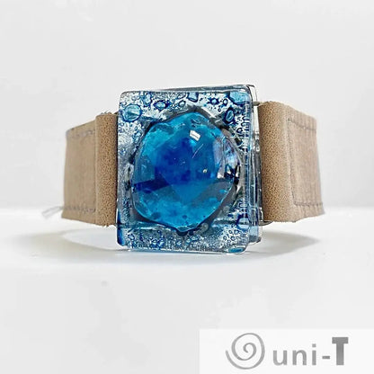 Tan Leather Cuff with Blue Recycled Fused Glass - Narrow Carolina Portillo