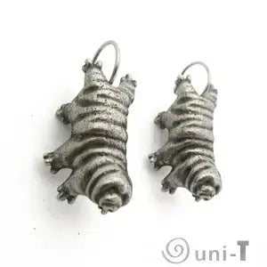 Tardigrade Earrings - Unique Design | Hypoallergenic, Lightweight. Close-up of silver tardigrade-shaped earrings with detailed texture and steel hooks.
