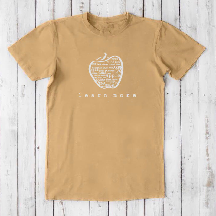 Tan Men's Bamboo & Organic Cotton Teacher T-Shirt with white apple graphic and 'learn more' text, sustainable gift for professors.