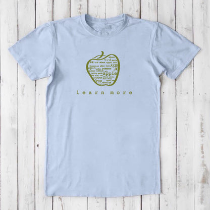 Light blue Men's Teacher T-Shirt in Bamboo & Organic Cotton with green apple graphic and 'learn more' text, perfect educator gift.
