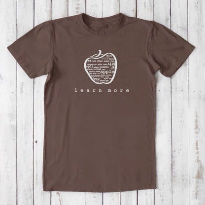 Brown Men's Bamboo & Organic Cotton Graphic T-Shirt with white apple design and 'learn more' text, thoughtful gift for teachers.