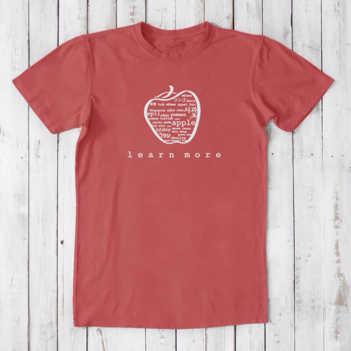 Red Uni-T Inspirational Graphic Tee for men with white apple graphic and 'learn more' slogan, sustainable gift for educators.