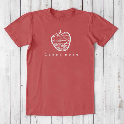 Red Uni-T Inspirational Graphic Tee for men with white apple graphic and 'learn more' slogan, sustainable gift for educators.