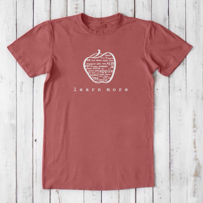 Brick red Men's Teacher T-Shirt in Bamboo & Organic Cotton with white apple graphic and 'learn more' text, ideal for professors.