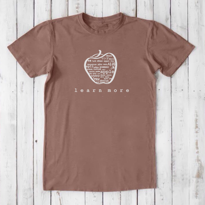 Clay brown Men's Bamboo & Organic Cotton Graphic T-Shirt with white apple design and 'learn more' message, teacher appreciation gift.