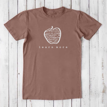 Clay brown Men's Bamboo & Organic Cotton Graphic T-Shirt with white apple design and 'learn more' message, teacher appreciation gift.
