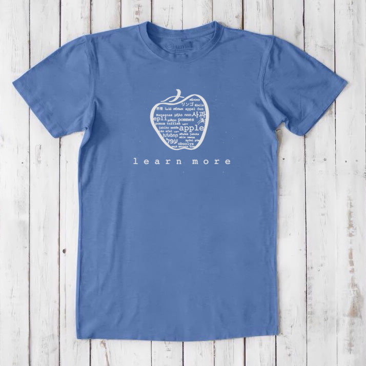 Blue Uni-T Inspirational Graphic Tee for men with white apple graphic and 'learn more' slogan, eco-conscious gift for educators.