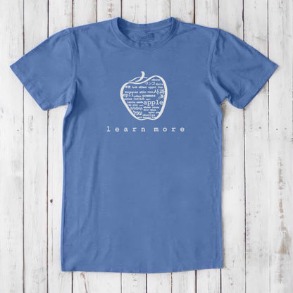 Blue Uni-T Inspirational Graphic Tee for men with white apple graphic and 'learn more' slogan, eco-conscious gift for educators.