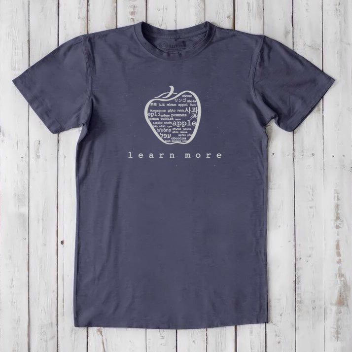 Charcoal grey Men's Teacher T-Shirt in Bamboo & Organic Cotton with white apple graphic and 'learn more' text, classic educator gift.