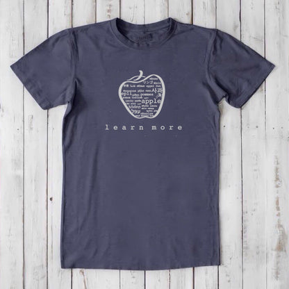 Charcoal grey Men's Teacher T-Shirt in Bamboo & Organic Cotton with white apple graphic and 'learn more' text, classic educator gift.