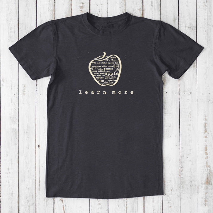 Black Men's Bamboo & Organic Cotton Graphic T-Shirt with tan apple design and 'learn more' message, perfect gift for teachers.