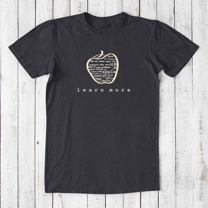 Black Men's Bamboo & Organic Cotton Graphic T-Shirt with tan apple design and 'learn more' message, perfect gift for teachers.
