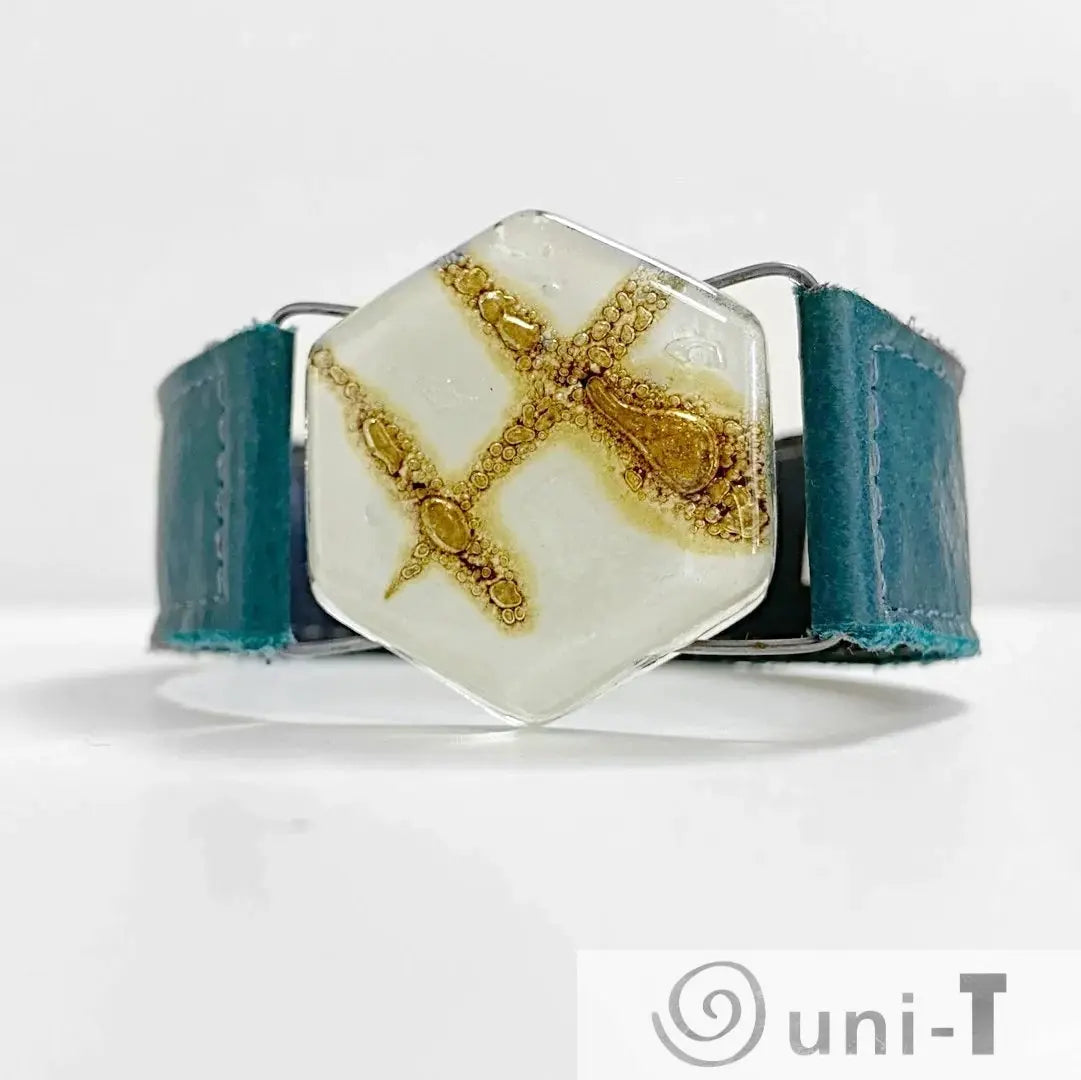 Teal Leather Cuff with White & Gold Recycled Fused Glass - Narrow Carolina Portillo