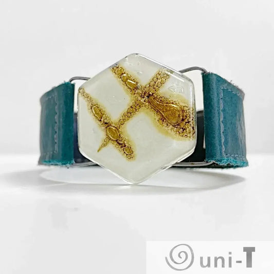 Teal Leather Cuff with White & Gold Recycled Fused Glass - Narrow Carolina Portillo