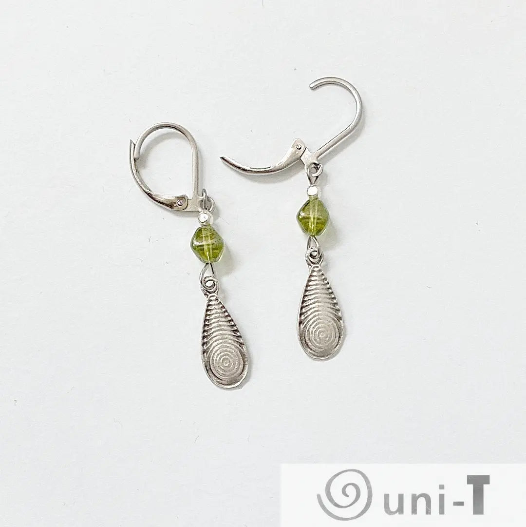 Teardrop Pewter Charm and Green Beads Earrings Kathy James