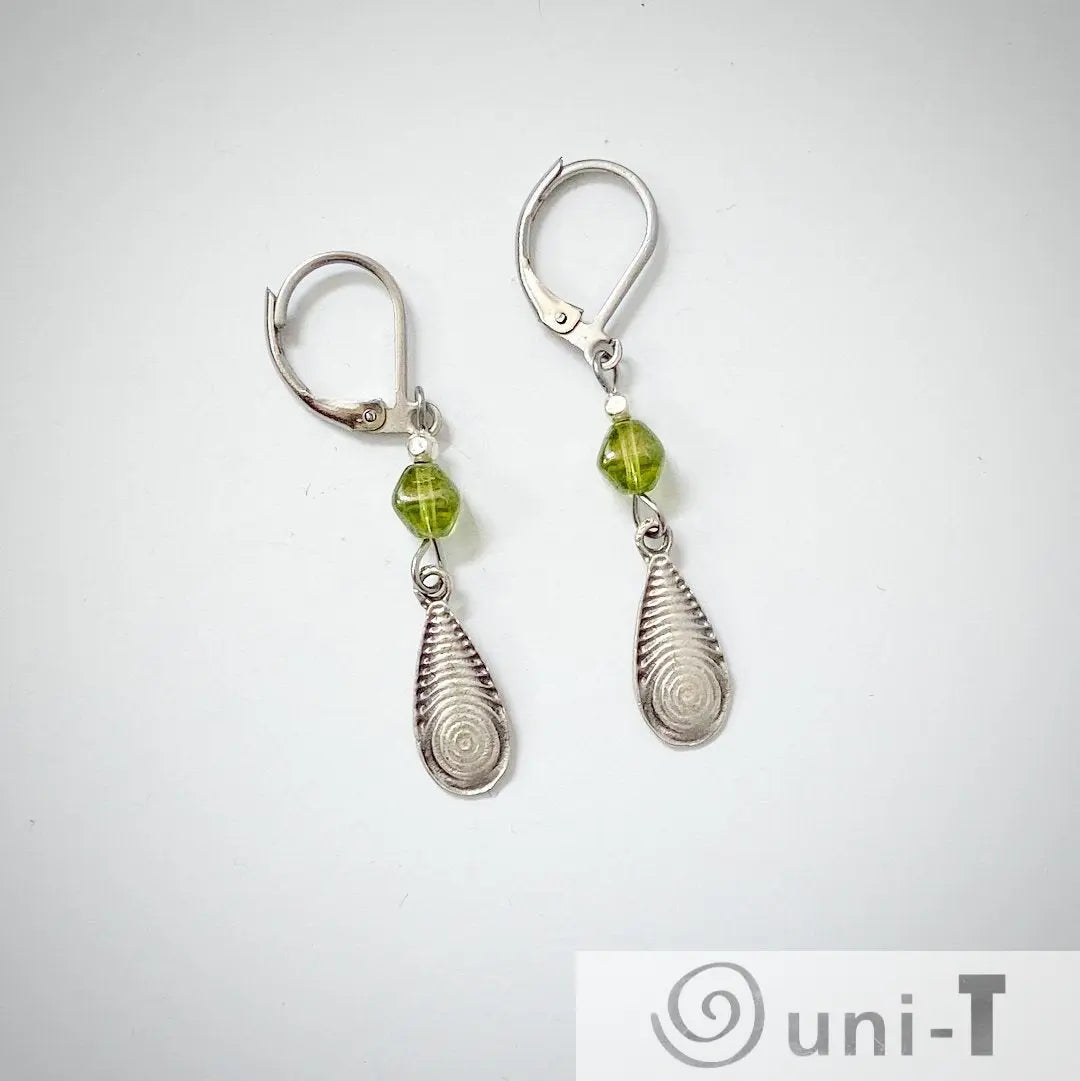 Teardrop Pewter Charm and Green Beads Earrings Kathy James