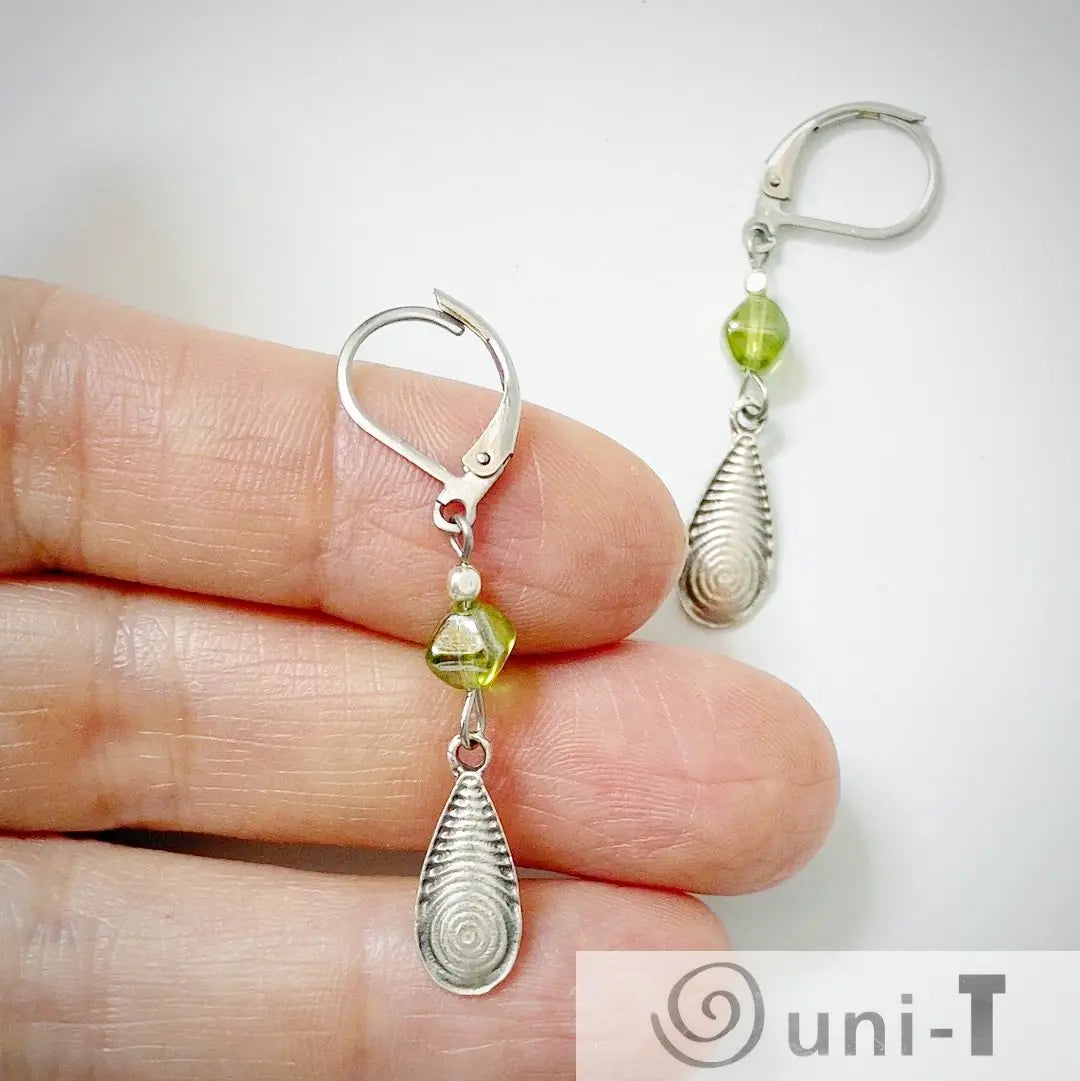 Teardrop Pewter Charm and Green Beads Earrings Kathy James