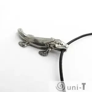 Tiktaalik Necklace - Celebrate Evolution | Unique Design featuring a detailed silver-tone Tiktaalik pendant on a black cord, side view.