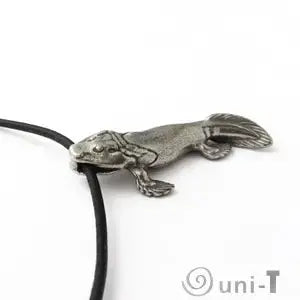 Tiktaalik Necklace - Celebrate Evolution | Unique Design showing a close-up angled view of the silver Tiktaalik pendant on black necklace cord.