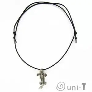 Tiktaalik Necklace - Celebrate Evolution | Unique Design full view of adjustable black cord necklace with silver Tiktaalik pendant centerpiece.