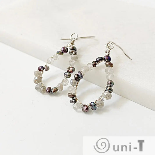 Pearl Quartz Teardrop Hoop Earrings - Sterling Silver with hand-cut quartz and dark pearls in teardrop shape, lightweight and elegant design.