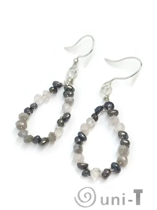 Sterling silver Pearl Quartz Teardrop Hoop Earrings featuring tiny quartz beads and dark pearls, perfect for everyday wear or gifting.