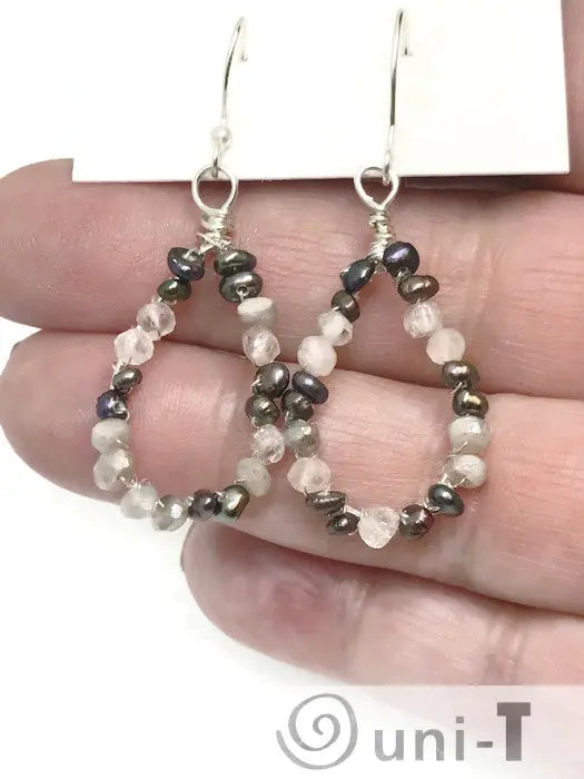 Close-up of Pearl Quartz Teardrop Hoop Earrings - Sterling Silver showing intricate beadwork with quartz and pearl gemstones on a teardrop frame.