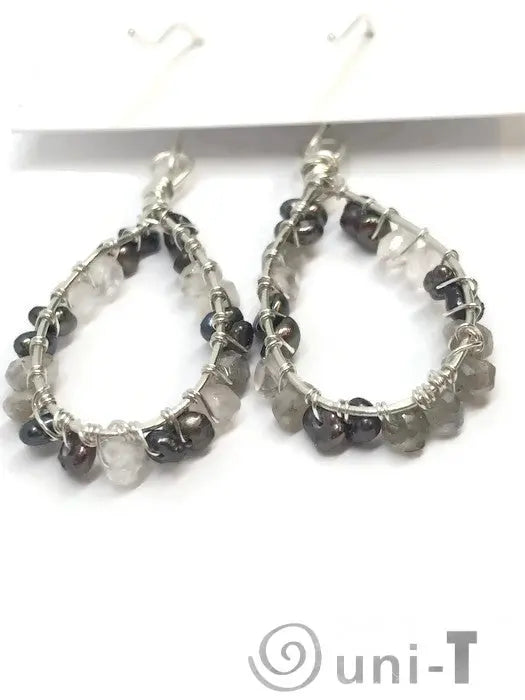 Back view of Pearl Quartz Teardrop Hoop Earrings - Sterling Silver highlighting wire-wrapped quartz and pearl beads on a teardrop hoop.