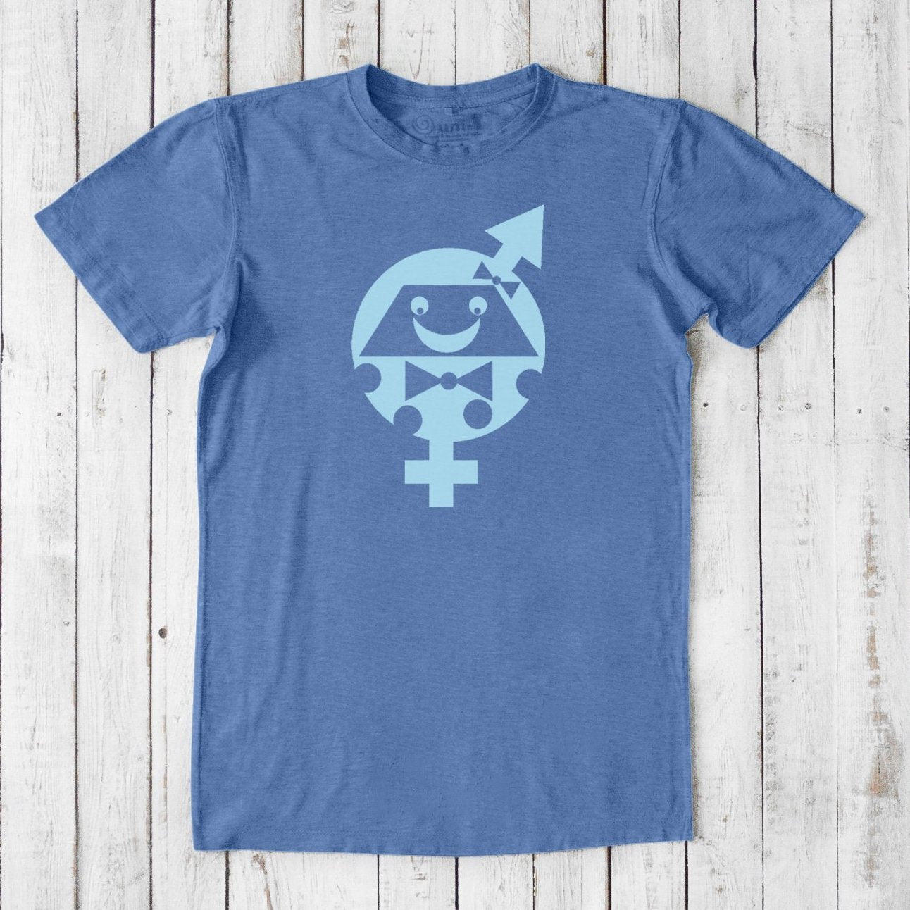 Transgender T-Shirt in Bamboo & Organic Cotton featuring a light blue trans pride flag graphic on a blue tee. Straight fit for LGBTQ+ ally support.