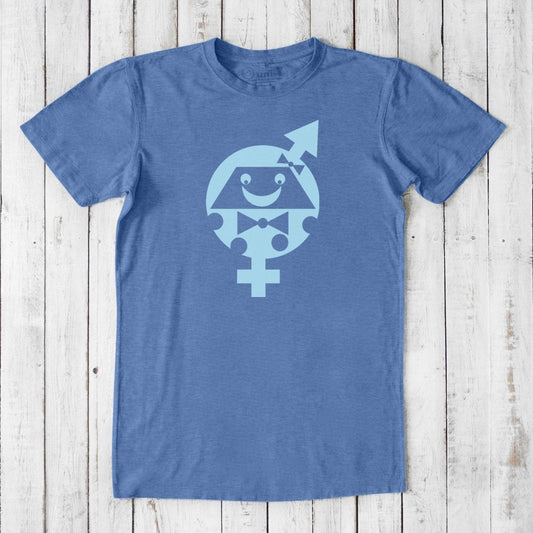 Transgender T-Shirt in Bamboo & Organic Cotton featuring a light blue trans pride flag graphic on a blue tee. Straight fit for LGBTQ+ ally support.