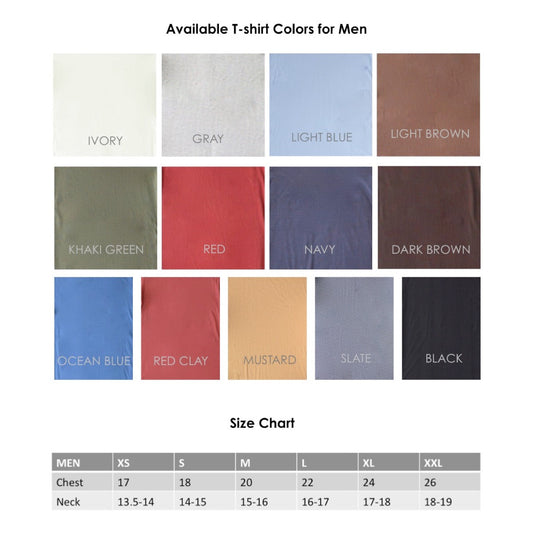 Color and size chart for Men's Bamboo & Organic Cotton Transgender T-Shirt, showing 12 color options and size measurements from XS to XXL.