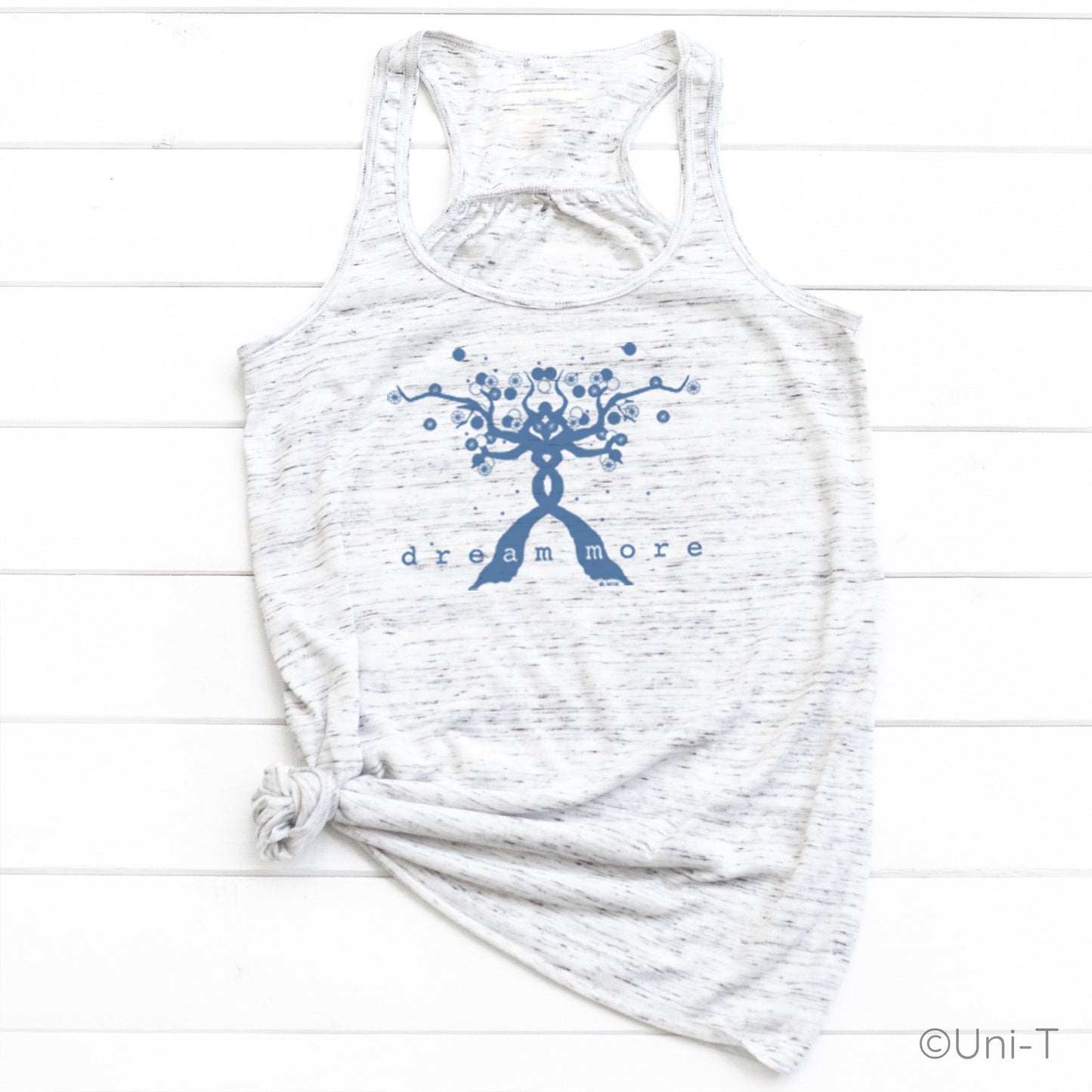 Dream More Women's Tank in white with blue tree design, soft poly-viscose blend, nature-inspired for dreamers and growth-focused wear.