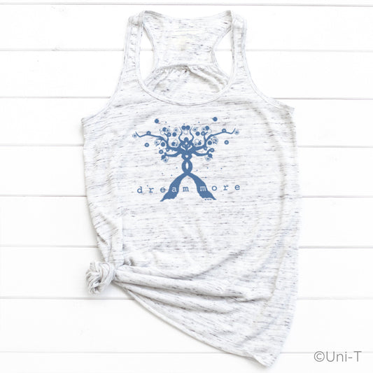 Dream More Women's Tank in white with blue tree design, soft poly-viscose blend, nature-inspired for dreamers and growth-focused wear.