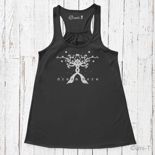 Black Dream More Women's Tank featuring a white tree graphic and flowy racerback cut, ideal for eco-inspired and motivational fashion.