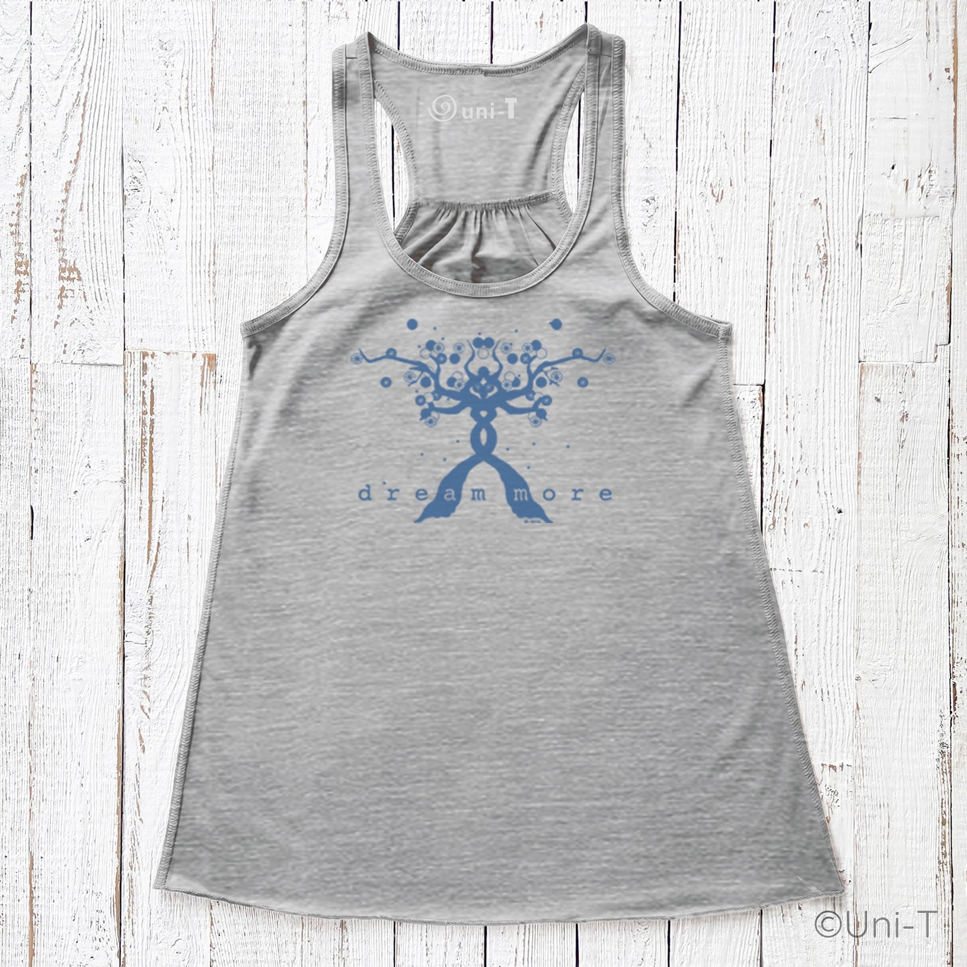 Heather gray Dream More Tank Top for Women with blue tree artwork, soft and breathable fabric perfect for nature lovers and casual wear.
