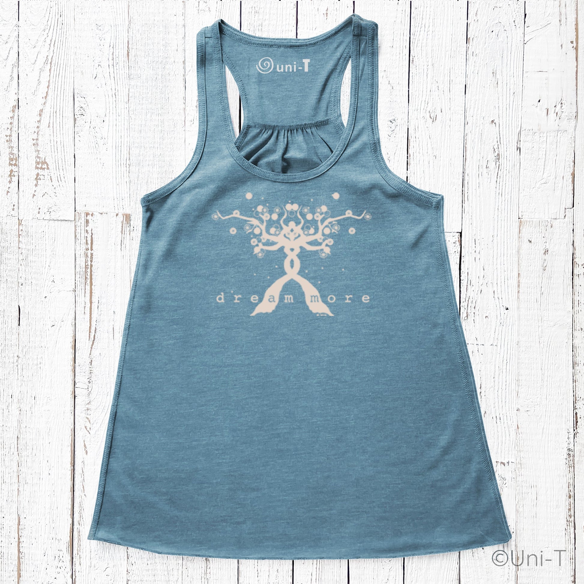 Blue Dream More Women's Tank with white tree design, flowy fit and racerback style, great for growth-minded and eco-conscious shoppers.