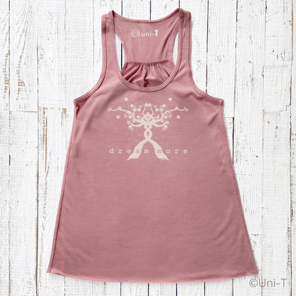 Rose pink Dream More Tank Top for Women with white tree graphic, soft and flowy racerback ideal for inspirational and nature-themed outfits.