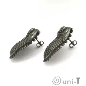 Side angle of trilobite earrings jewelry with post backing, highlighting 3D fossil shape for unique science-themed fashion.