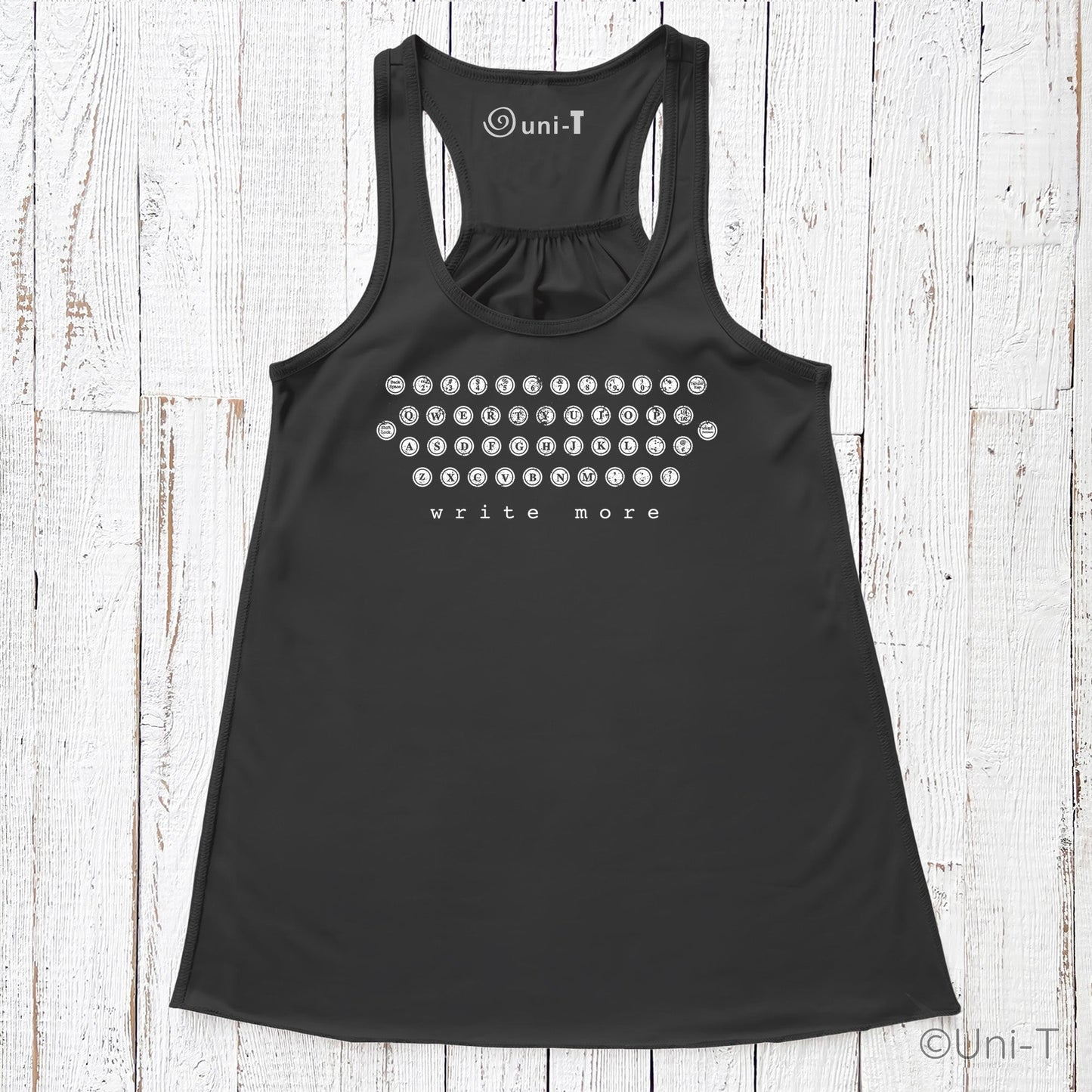 "Write More" tank top in black with vintage typewriter key design. Soft racerback style ideal for writers and creatives.