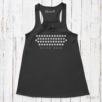 "Write More" tank top in black with vintage typewriter key design. Soft racerback style ideal for writers and creatives.
